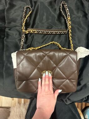 Quilted Brown Leather Shoulder Flap Bag with Chain Strap